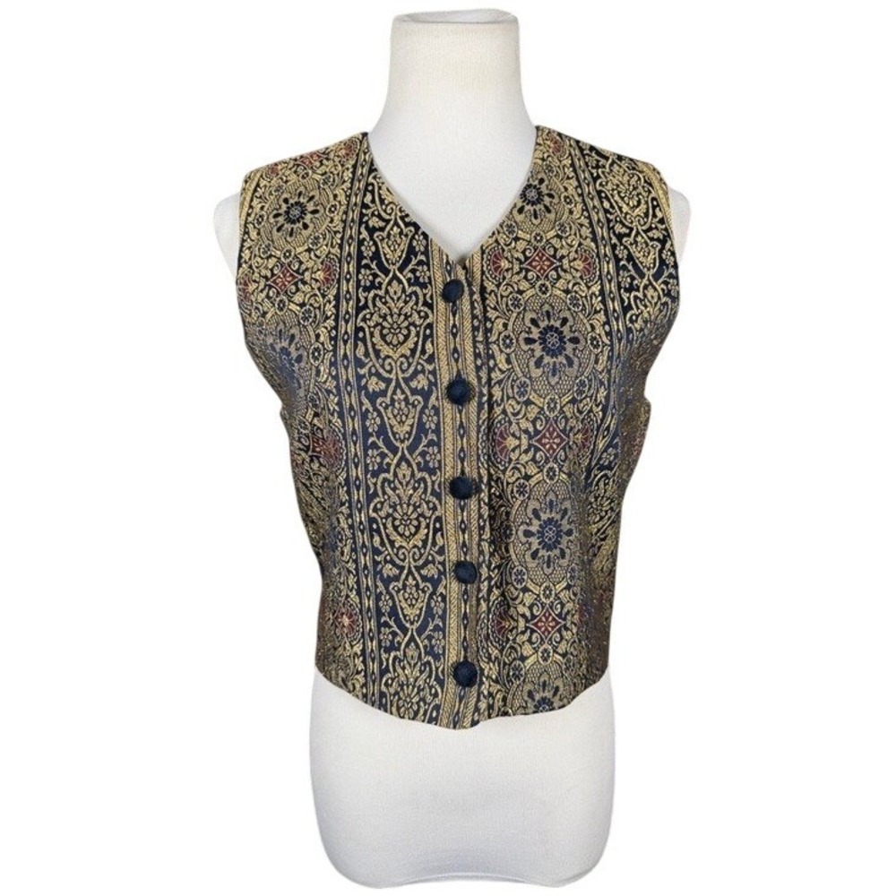 Liz Claiborne Collection Vintage Tapestry Vest Navy Gold Metallic Damask‎ Size 6